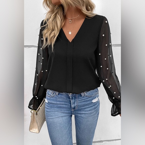 Black Pearl Mesh Flounce Sleeve V Neck Blouse - Picture 1 of 15